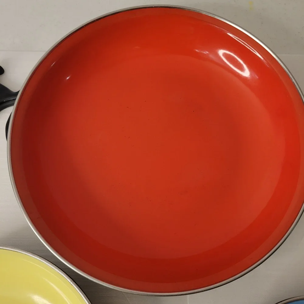 Vintage Enamelware Skillet Set 3pc Multi Color Yugoslavia Nesting Pans Handle